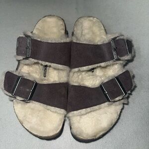 Purple and cream Birkenstock Arizona shearling sandals